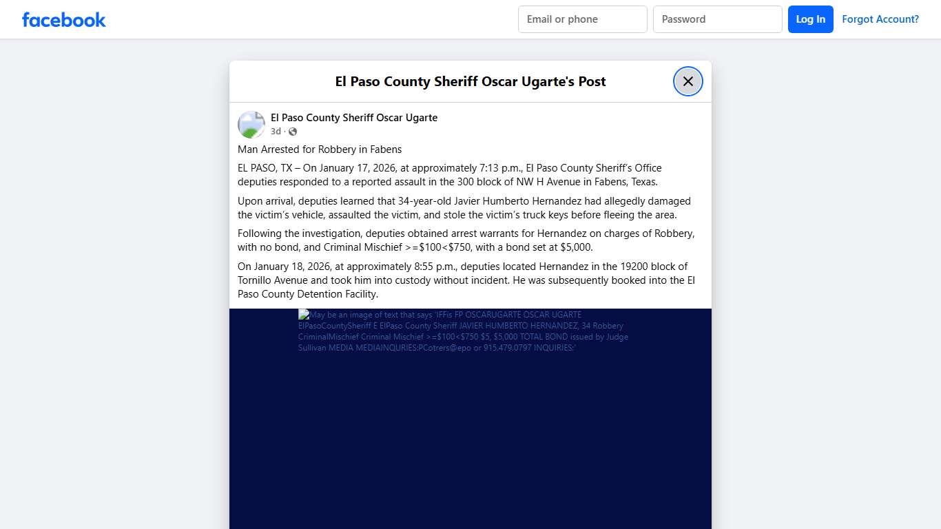 Man Arrested for... - El Paso County Sheriff Oscar Ugarte Facebook